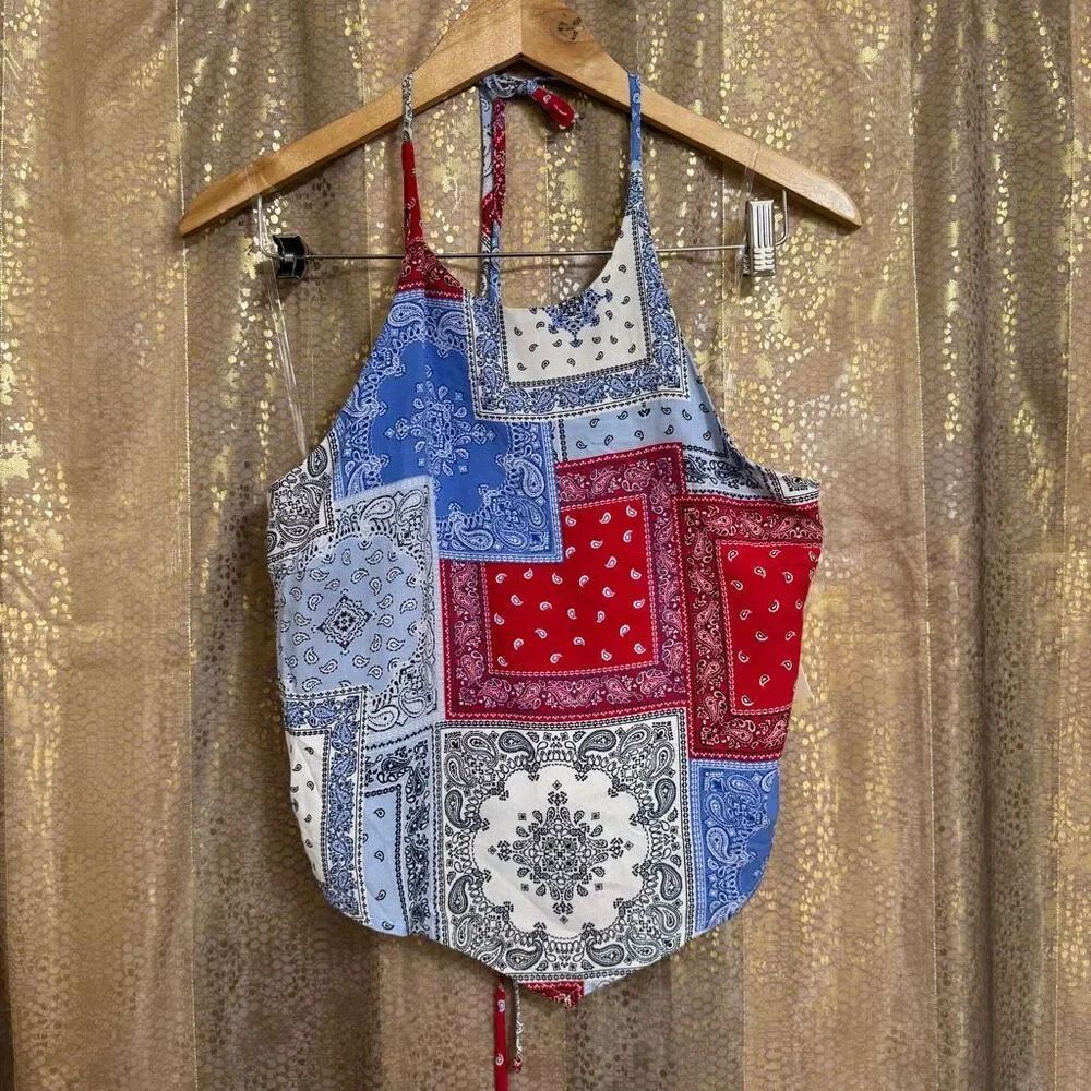 Pie In The Sky Blue Red White Paisley Patchwork Bandana Halter Top Large NWT